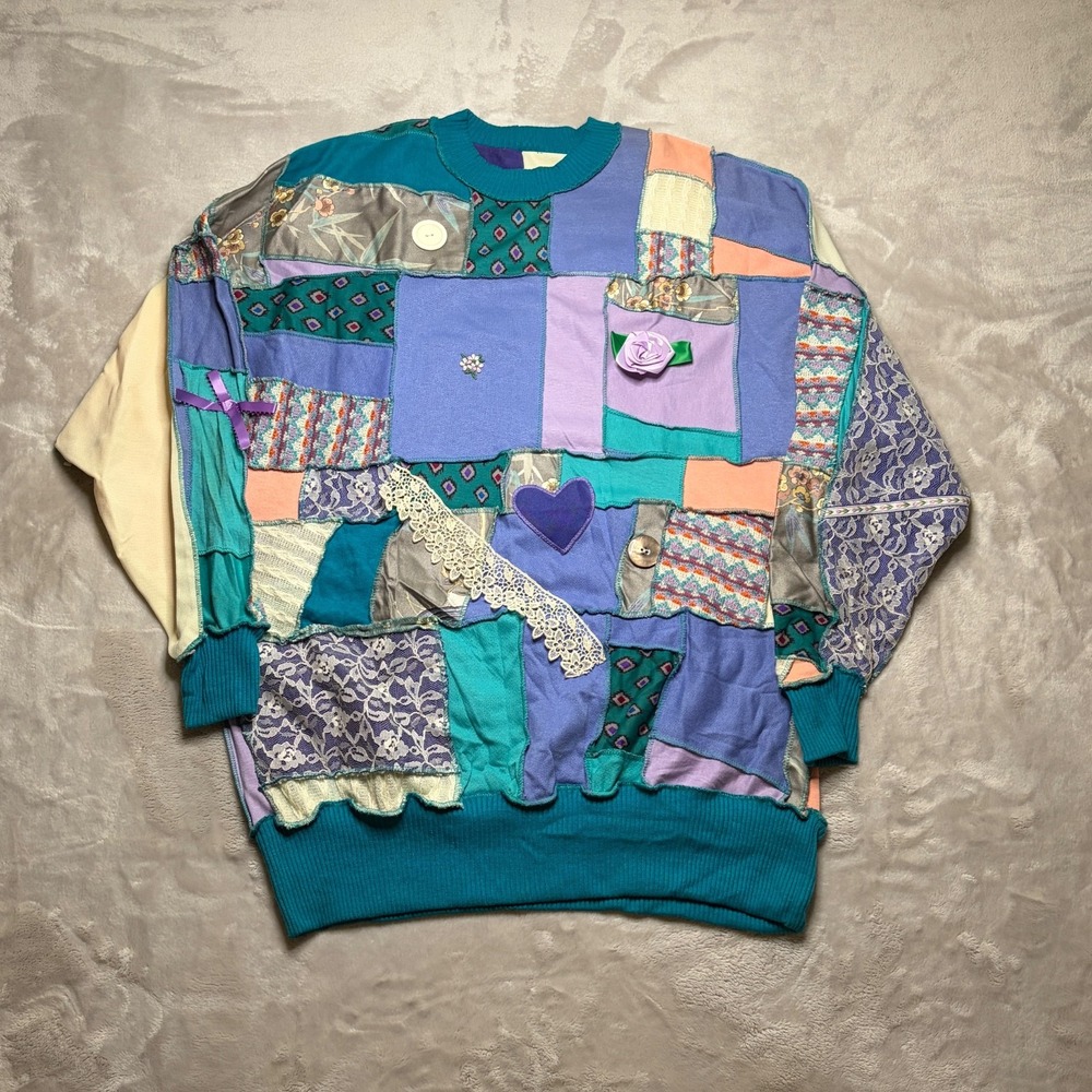 Vtg Upcycled Handmade Patchwork Sweatshirt XXL Quilt Crewneck Grandma Cottage